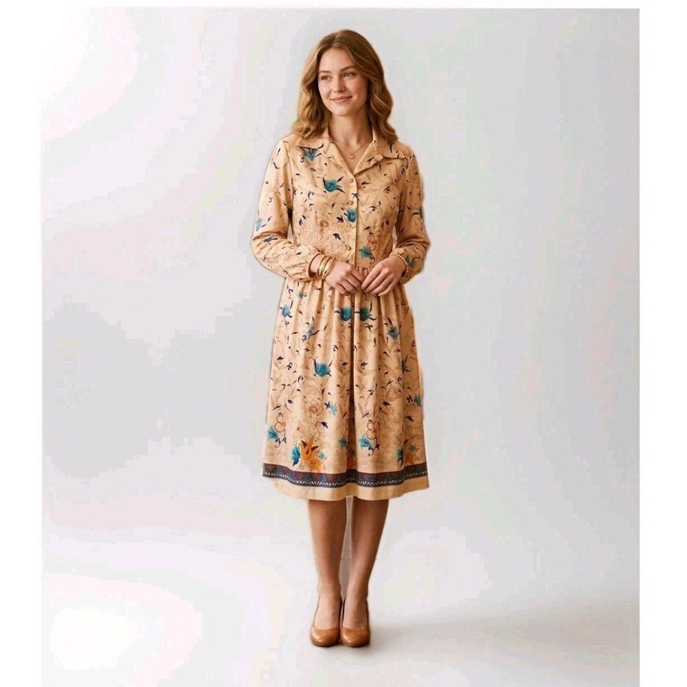 Sherri Classics Vintage 18P Paisley Floral Midi Secretary Shirt Dress Blue Tan